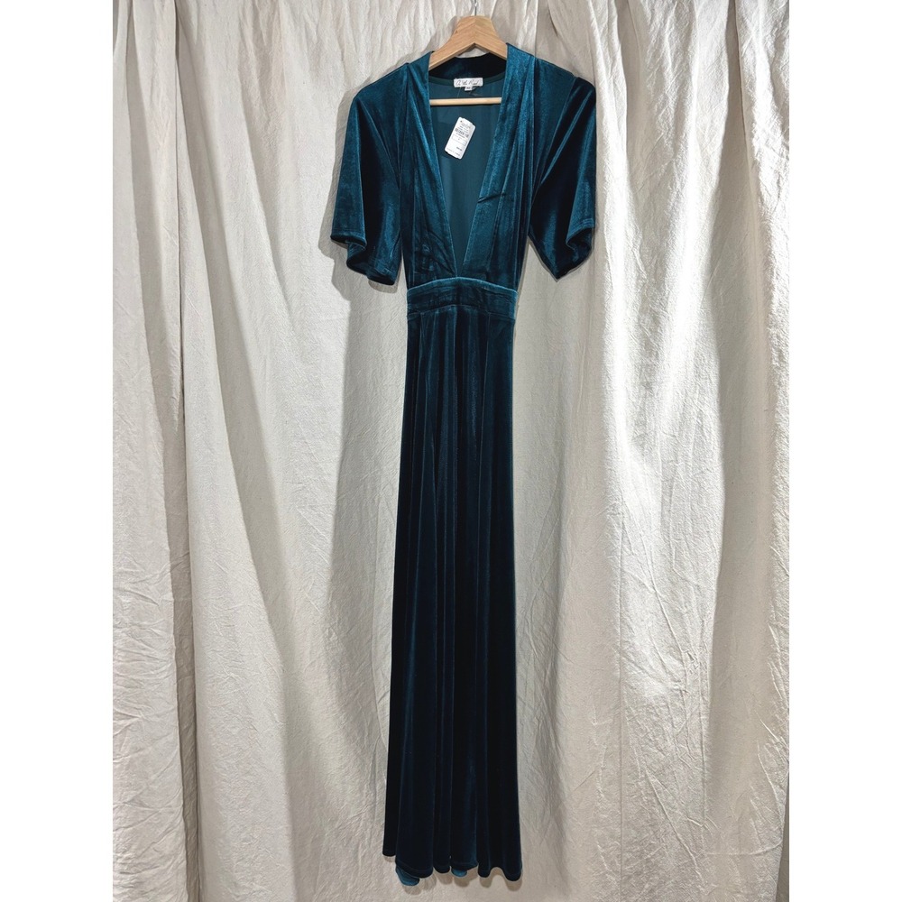 On The Road Dark Green Velvet V-Neck Maxi Dress Short Sleeve Tie Back NWT M
